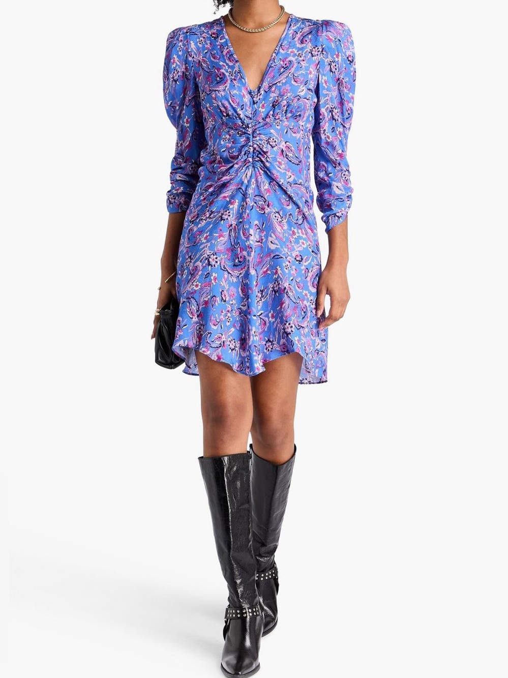 Isabel Marant Aliniza Ruched Blue Floral Print Mini Dress NWT Size 40 FR